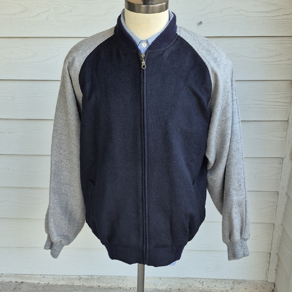 MAUS & HOFFMAN Peru Navy Grey Black Baby Alpaca Wool Mens Sz L Zip Bomber Jacket